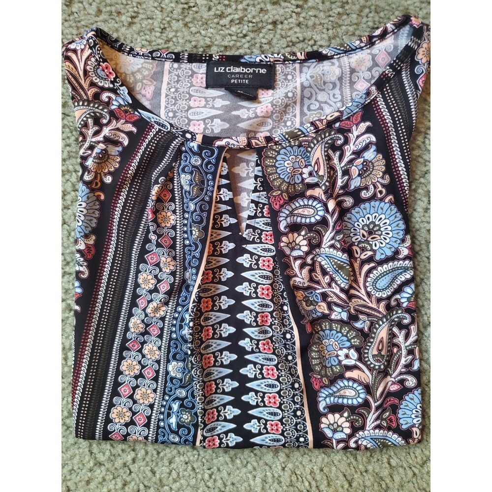Liz Claiborne Career Petite Short Sleeve Key Hole Crew Neck Blouse Size PL Multi - Picture 15 of 15